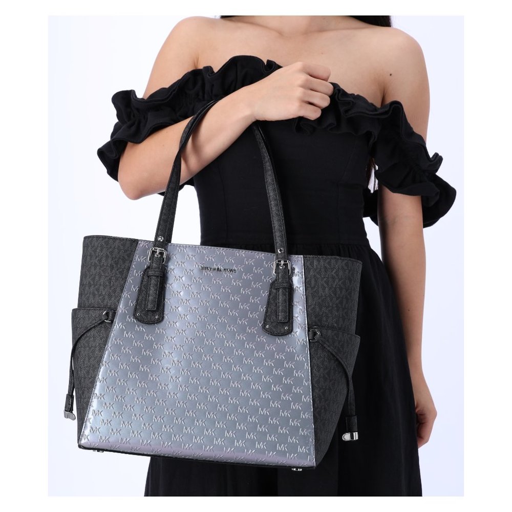 Michael Kors Voyager Travel Shoulder Tote Heather Grey Patent Leather Black MK
